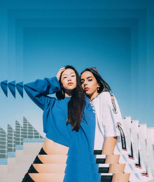 Blue streetwear duo — glitch editorial portrait