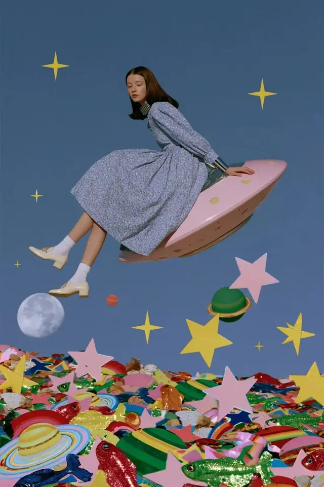 Surreal collage — woman on pink UFO above toy planets and stars