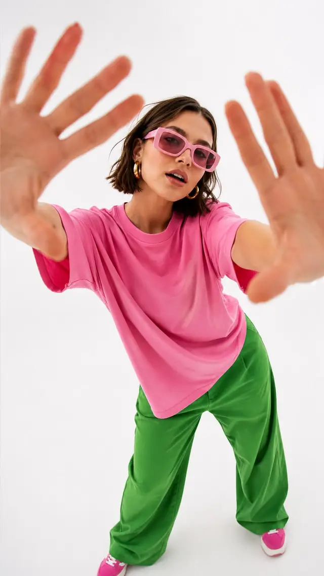 Bubblegum pink tee with kelly-green wide-leg trousers — studio fashion shot