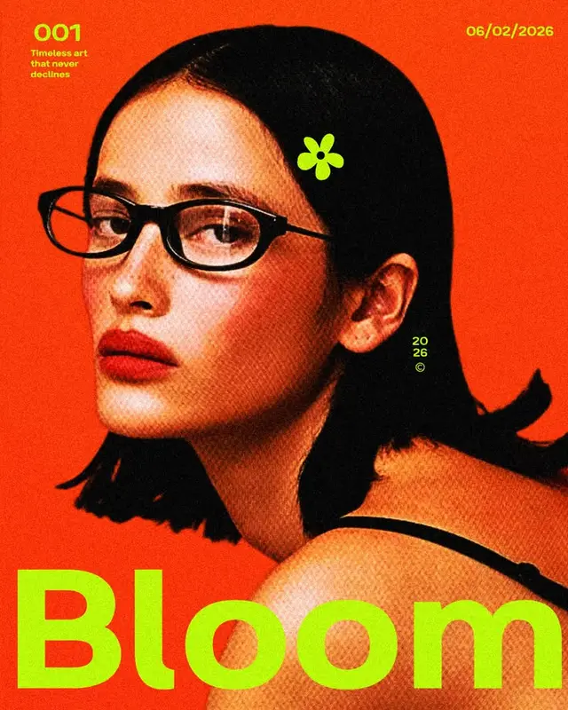 Bloom — Retro pop editorial portrait (orange background, neon green type)