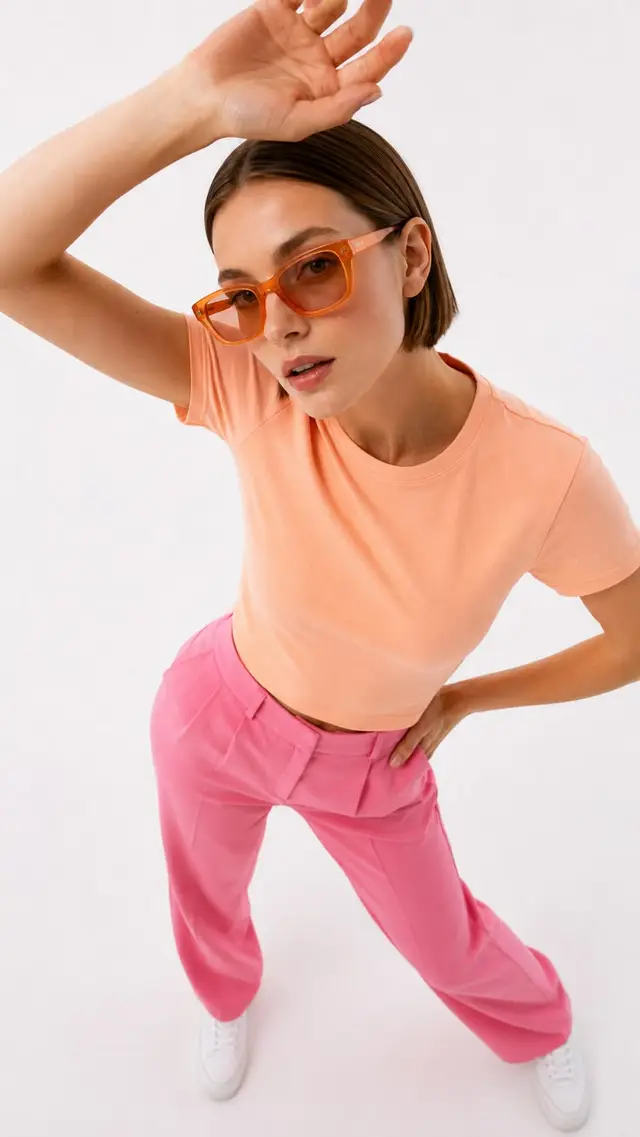 Peach Crop Tee with Pink Wide‑Leg Trousers and Translucent Orange Sunglasses