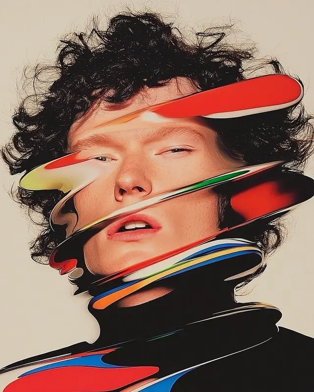 Surreal glitched portrait with glossy multicolor ribbons