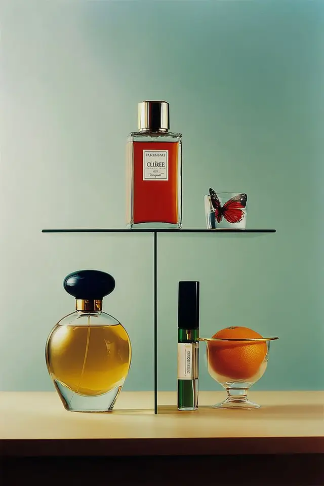 Minimalist perfume still life with orange, butterfly, and glass shelf