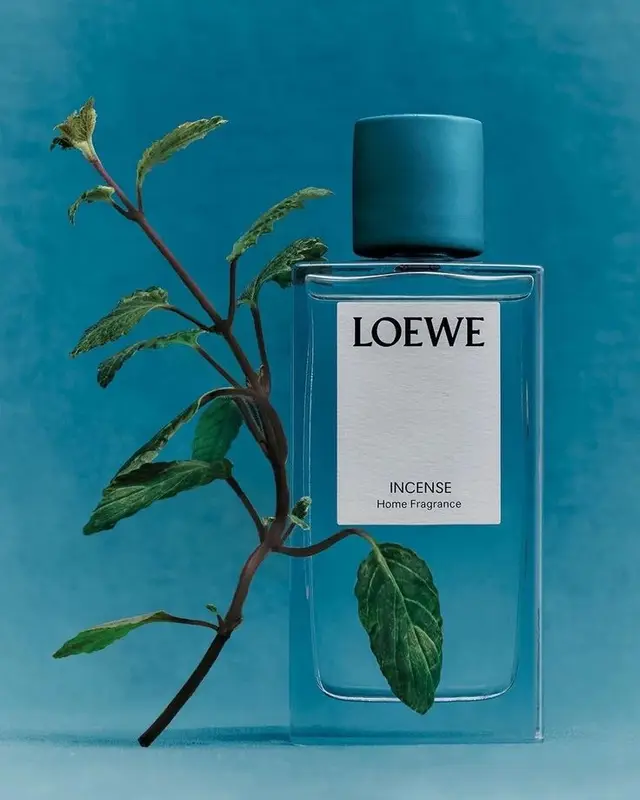 LOEWE Incense home fragrance — teal glass bottle with mint sprig