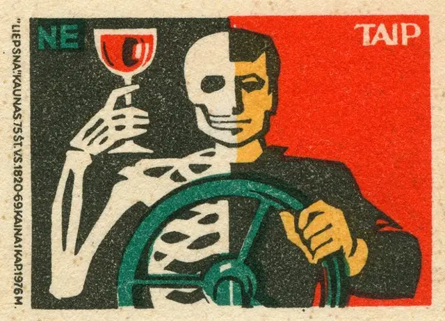 Vintage split-figure poster — half skeleton holding wine glass, half driver at wheel ('NE'