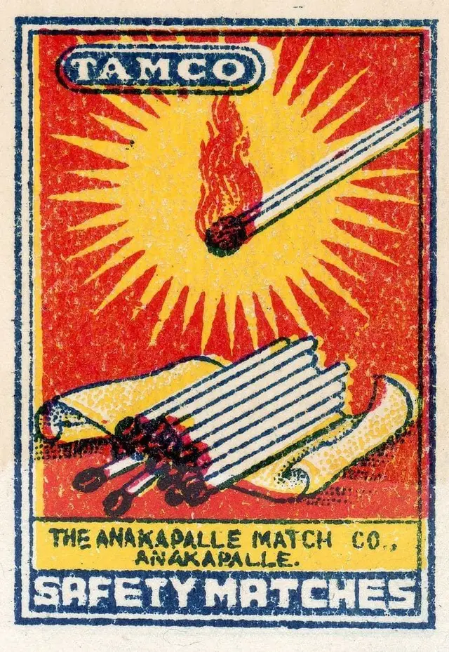 TAMCO matchbox label — The Anakapalle Match Co. vintage safety matches