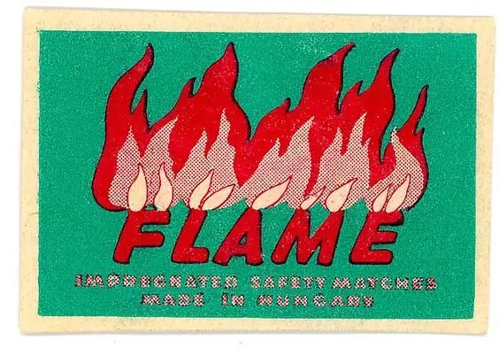 Vintage "FLAME" matchbox label — Made in Hungary