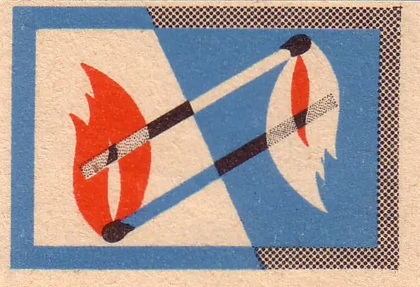 Vintage matchbook graphic — two crossed matches with lit and extinguished heads