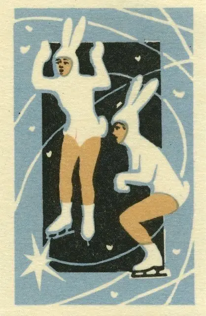 Vintage illustration — Bunny-costumed figure skaters, mid-century poster