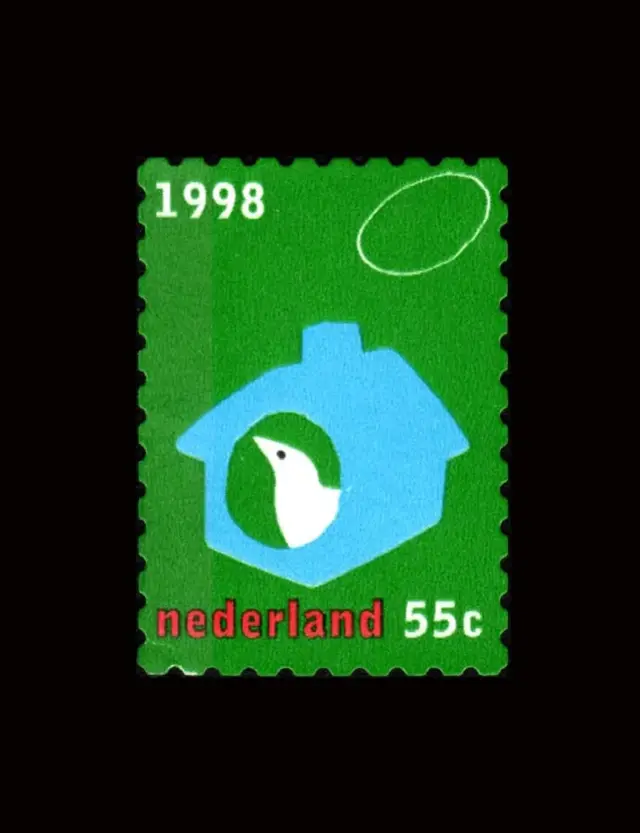 1998 Nederland 55c green postage stamp — blue house with white bird