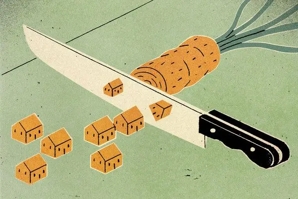 Knife slicing carrot into tiny house-shaped pieces — mid-century editorial illustration